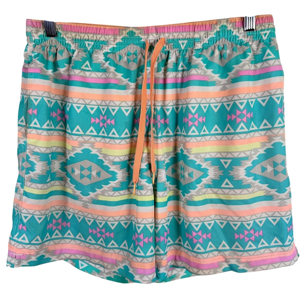 Chubbies Swim Trunks Mens Large 5.5 in Teal Pink Geometric Lined Shorts